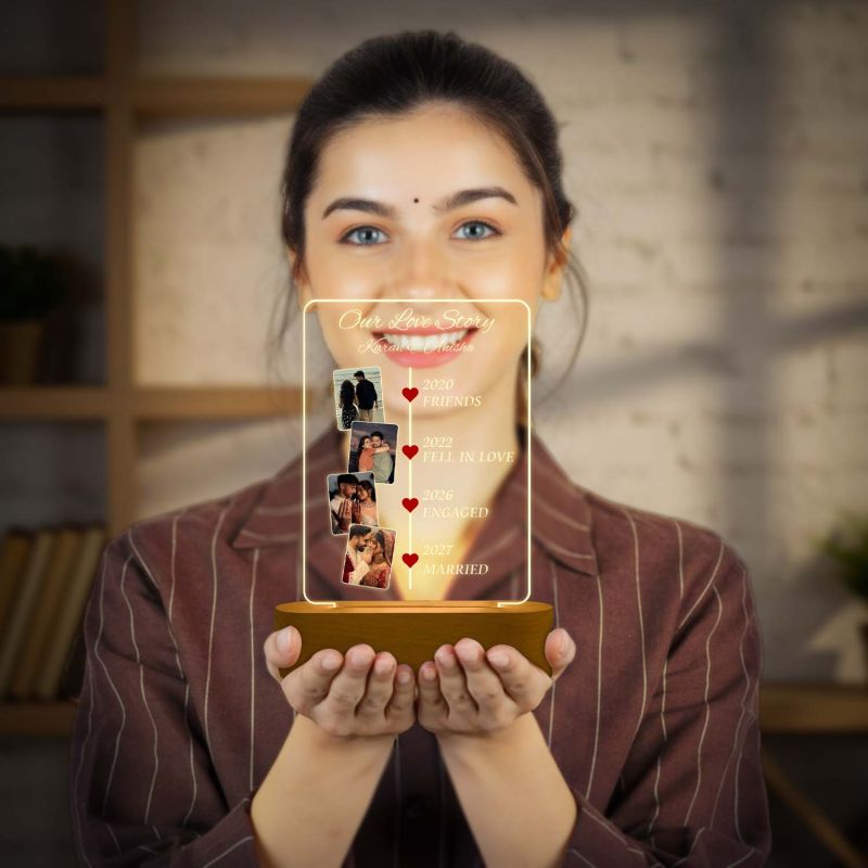 Personalized Our Love Story Couple Photo LED Lamp with Light & Wooden Stand Anniversary Gift for Husband Wife Gift for Birthday Valentines Day Memorable Gift Item